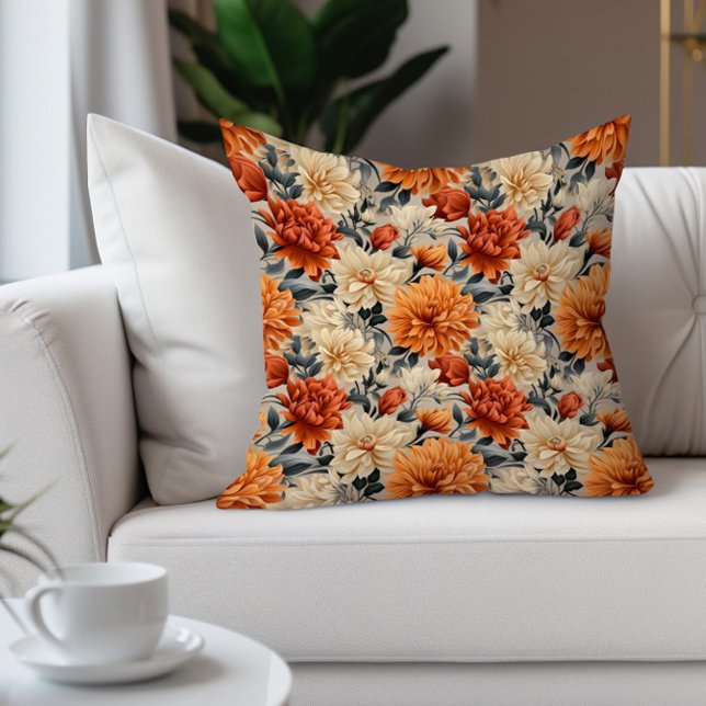 Almofada Elegante Orange Cream Teal Floral (Burnt orange and cream watercolor floral decorator pillow)