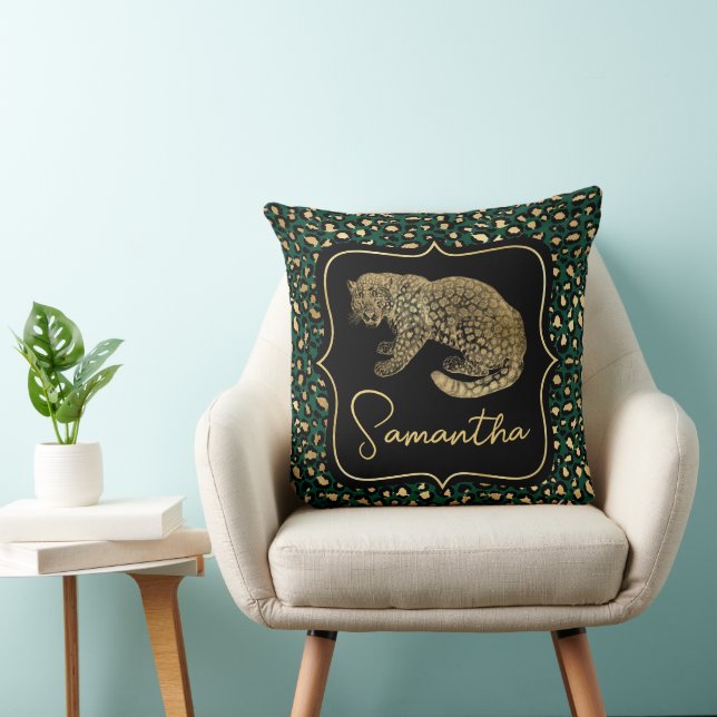 Almofada Elegante padrão de leopardo verde e dourado e manc (Cadeira)