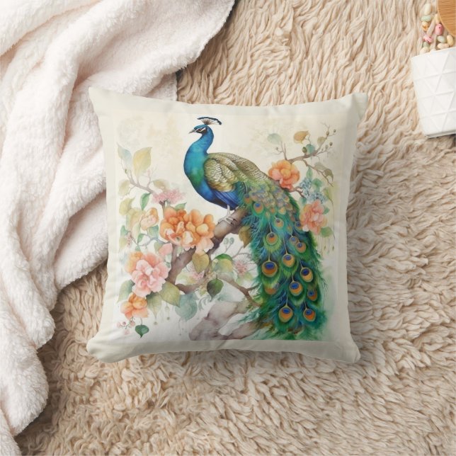 Almofada Elegante Pavão Azul Flores Rosa Creme (Cobertor)