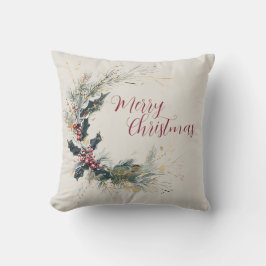 Almofada Elegante Pine e Holly Wreath com Destaques Dourado