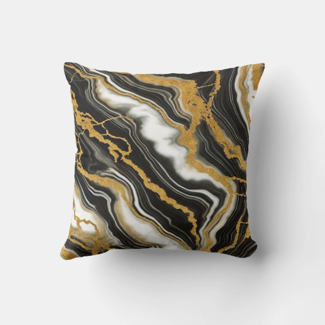 Almofada Elegante Preto Branco Dourado Visual de Mármore (Verso)