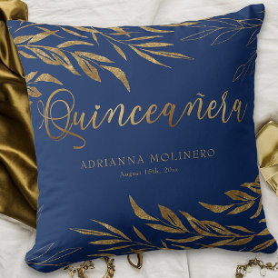 Almofada Elegante Quinceanera Personalizada em Azul e Folha