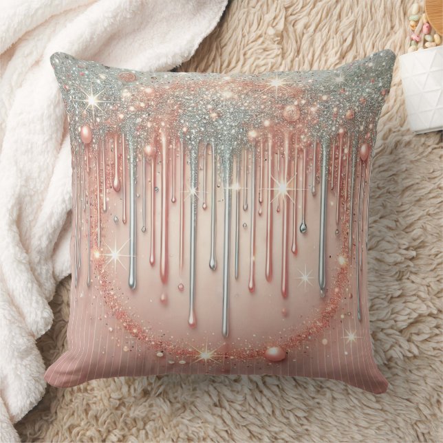 Almofada Elegante Rosa Bege e Brilho Prata Drip  (Cobertor)