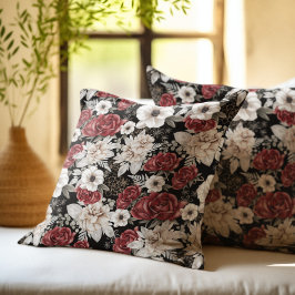 Almofada Elegante Rosa Borgonha Preto Padrão Floral