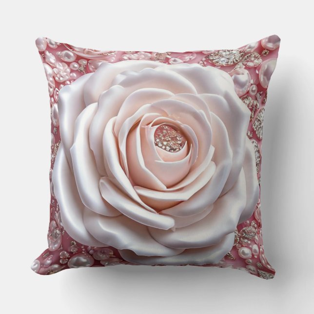 Almofada Elegante Rosa Branca e Pérolas Rosa Brilhantes (Frente)