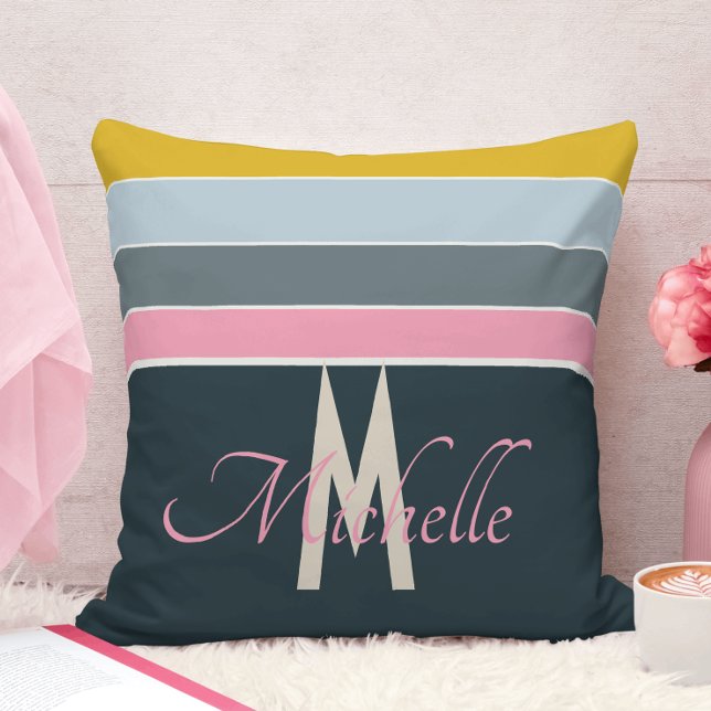 Almofada Elegante Rosa e Azul Naval com Listras Teal Monogr (Criador carregado)