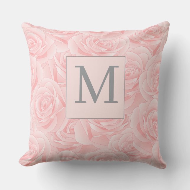 Almofada Elegante Rosa e Inicial de Monograma  (Frente)