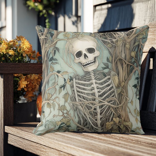 Almofada Elegante Skeleton Vintage Halloween (Skeleton decorative throw pillow for Halloween.)