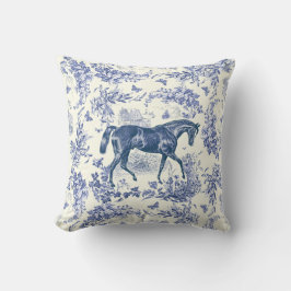 Almofada Elegante Toile Floral Azul Branco Cavalo Vintage