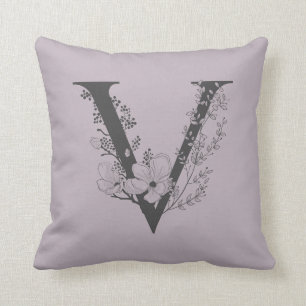 Almofada Elegante V Boho Monograma Floral Inicial Cinza Lil
