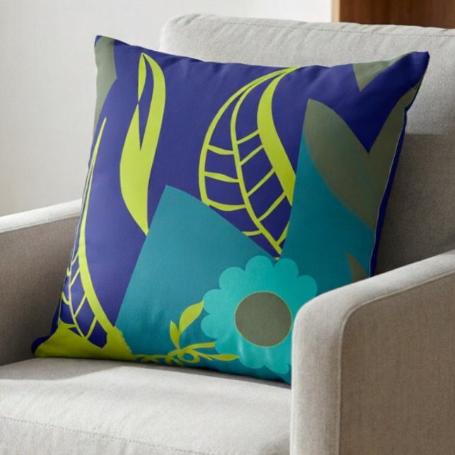 Almofada Elegante Verde Lima e Azul Marinho  (Bright leaves, bold colors this hand drawn pillow brings instant joy to your couch.)