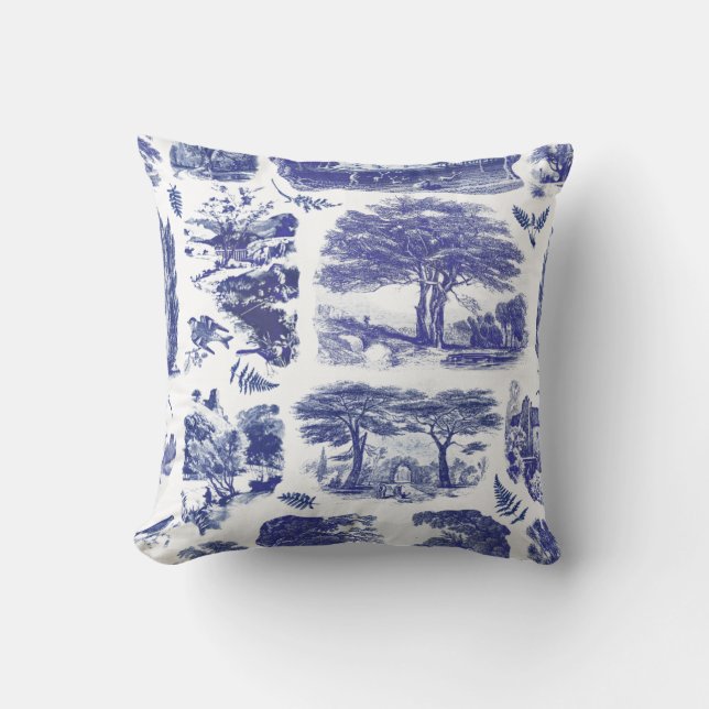 Almofada Elegante Vintage Blue Country Pastoral Toile (Frente)