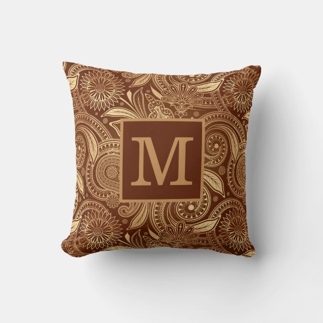 Almofada Elegante Vintage Burgundy Dourado Paisley Monogram (Frente)
