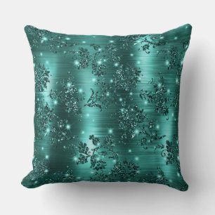 Almofada Elegante Xadrez Verde-Azul Brilho e Floral de Folh