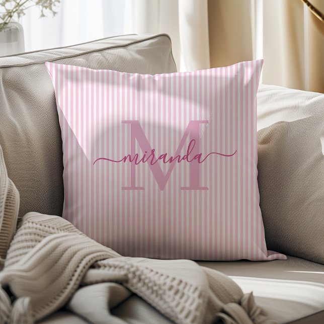 Almofada Elegantes Listras Rosa e Branco com Monograma e No (Criador carregado)