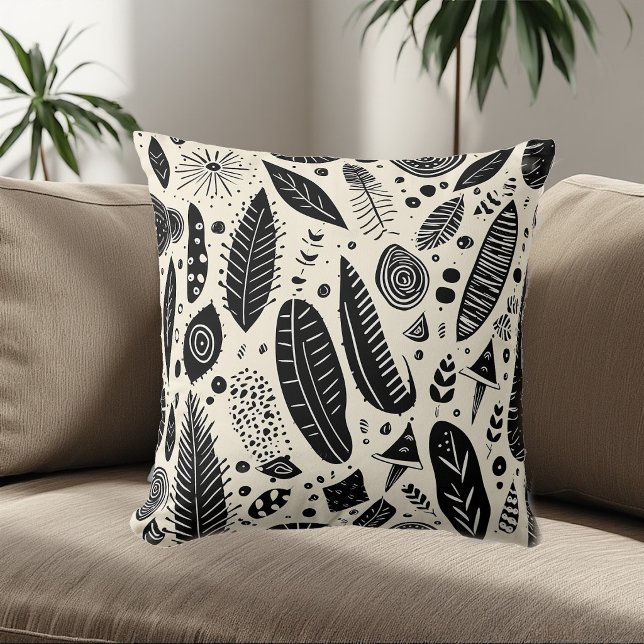Almofada Elementos Tribais Boho Arte Preto Branco Monocromá (Boho Art Tribal Elements Black White Monochrome Throw Pillow)