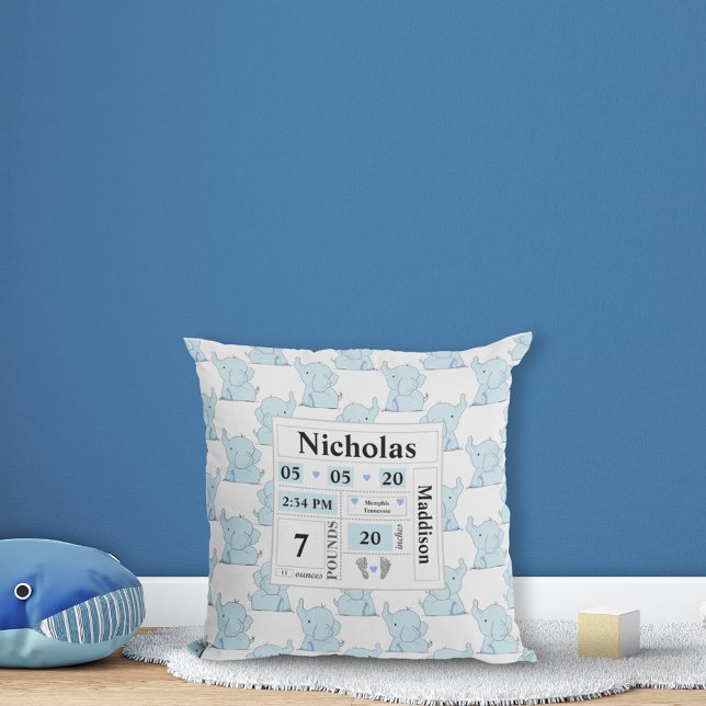 Almofada Elephant Pattern Birth Announement Stats Blue (Criador carregado)