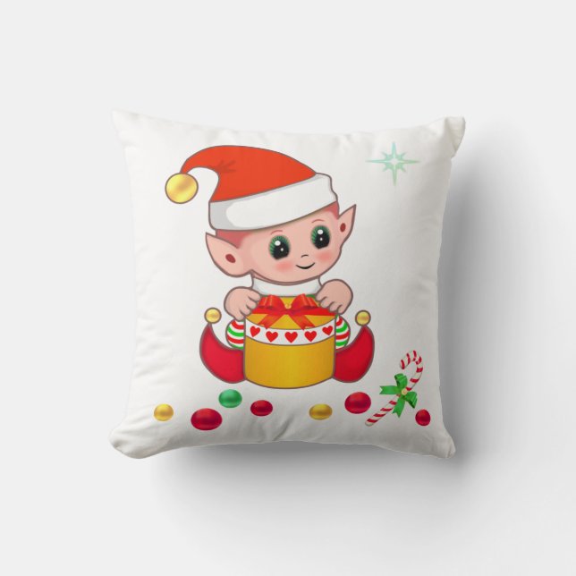Almofada Elfo de Natal Fofo, Cana de Açúcar e Bolas de Nata (Frente)