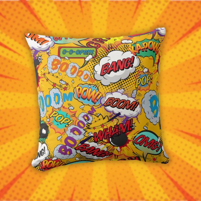 Almofada Elogios Divertidos de Quadrinhos Retrô Pop Art (Fun Retro Comic Book Pop Art Shout Outs Throw Pillow)