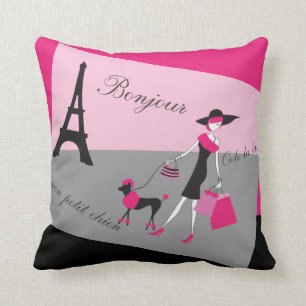 Almofada Em Paris, Mulher e Cachorro Rosa e Negro