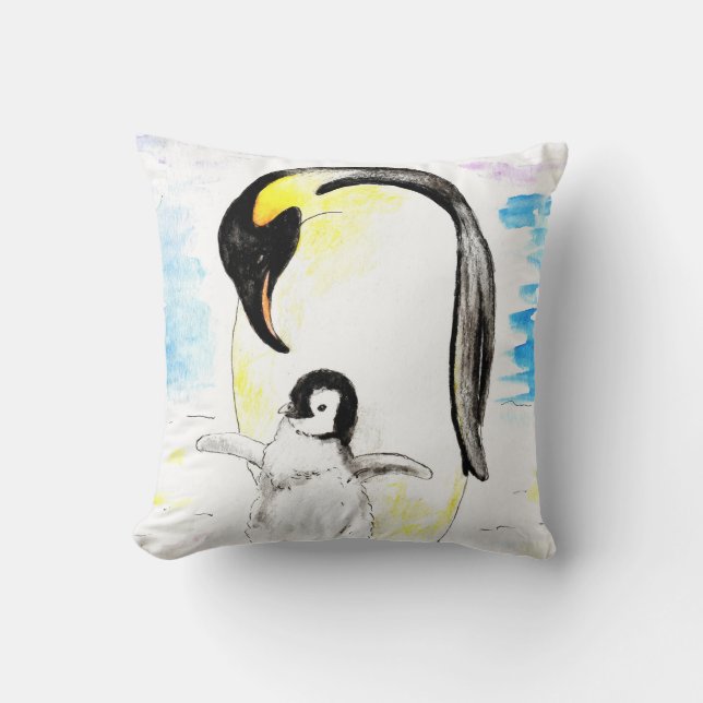 Almofada Emperor Penguin and Chick Watercolor Painting (Frente)