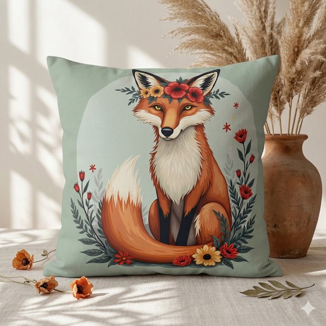 Almofada Encantando Arte Foliar de Fox Woodland Floral (Enchanting Floral Fox Woodland Folk Art Throw Pillow Mockup A)