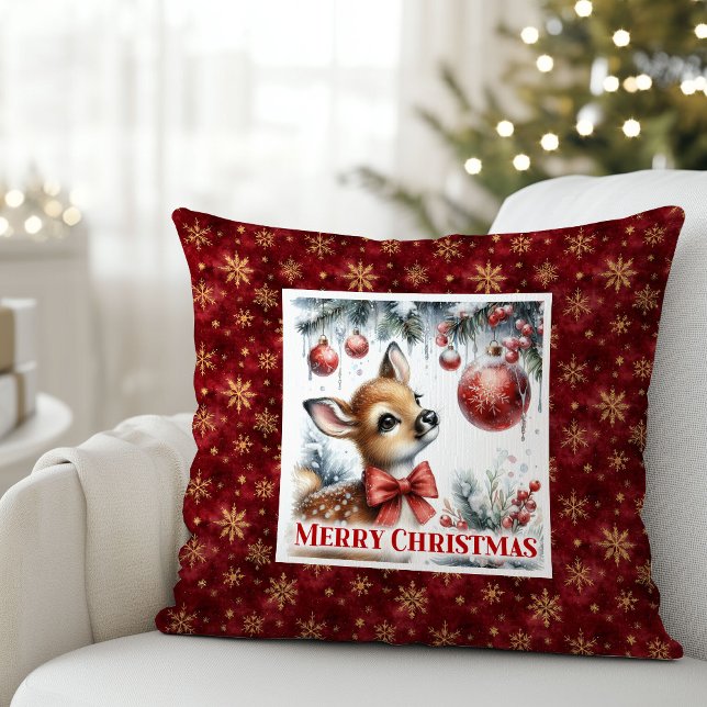 Almofada Enchanting baby fawn snowy forest scene Christmas  (Enchanting baby fawn snowy forest scene Christmas pillow)