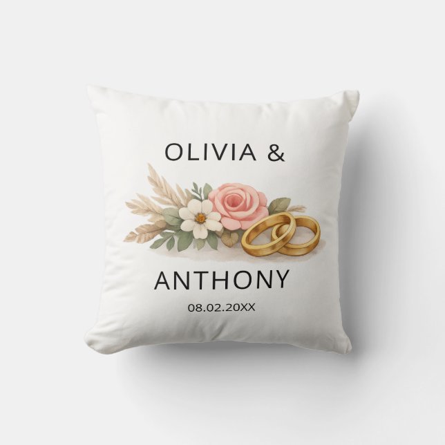 Almofada Enfeite de Nome de Casamento Rosa Floral Boho Rúst (Frente)