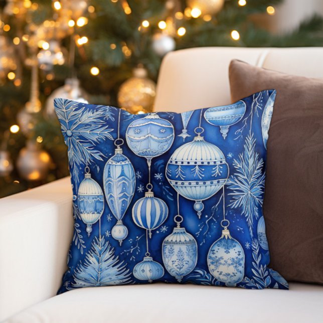 Almofada Enfeites de Natal Antigos Azul Branco (Blue and white vintage Christmas ornaments decorator pillow)