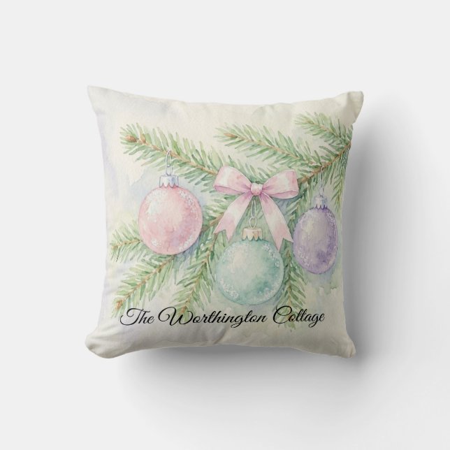 Almofada Enfeites de Natal em Aquarela Pastel em Galho de P (Frente)