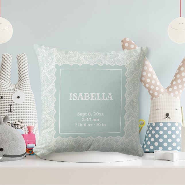 Almofada Enfermeira Elegante Seafoam Green Faux Lace Boy (newborn baby throw pillow with name and stats in seafoam green with lace)