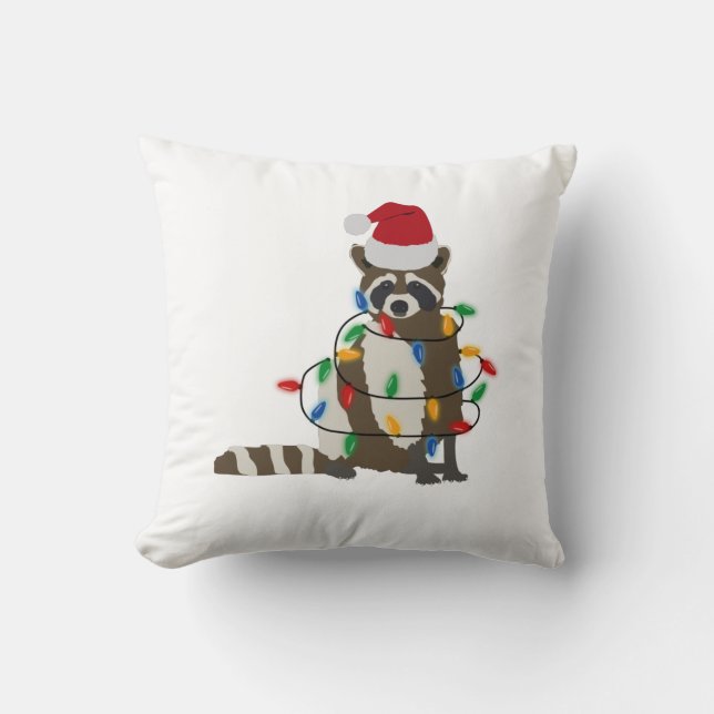 Almofada Engraçado Natal Raccoon Santa Hat Luzes de Natal (Frente)