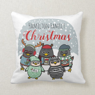 Almofada Engraçado Pinguins   Natal da família de inverno p