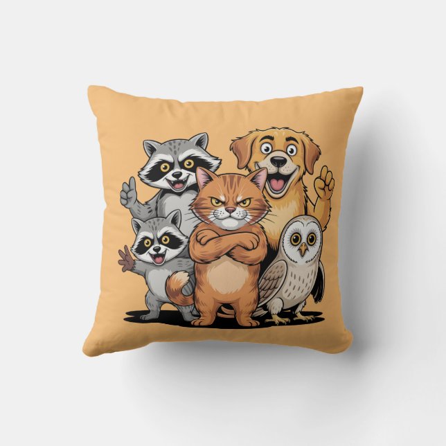 Almofada Equipe de Amigos Animais de Desenho Animado Ilustr (Verso)