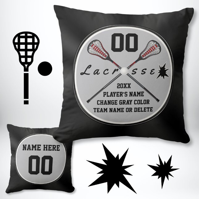 Almofada Equipe personalizada de lacrosse apresenta suas co (Lacrosse Pillow. Lacrosse bedroom decor. Lacrosse team gift ideas. Black and Gray, Lacrosse Decor.)