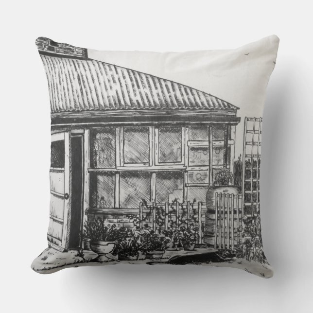 Almofada esboço de cachorro no jardim com plantas e vedação (Frente)