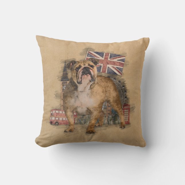 Almofada Esboço inglês do buldogue e da Inglaterra (Frente)
