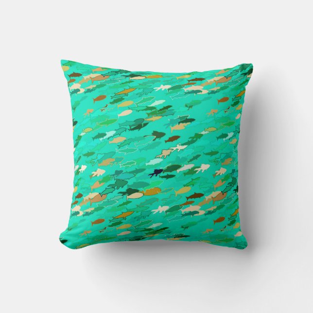 Almofada Escola de Peixes, Água, Verde e Dourado (Frente)