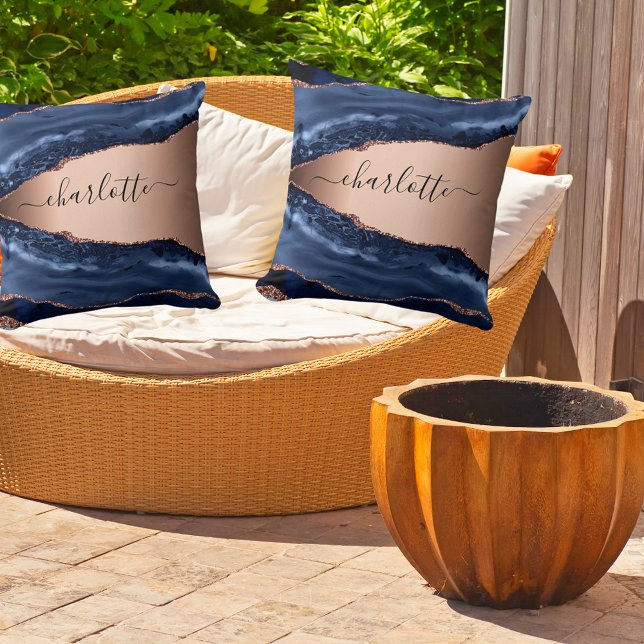 Almofada Escrito com rosa dourado de mármore azul (Criador carregado)