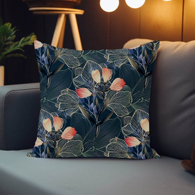 Almofada Escuro Moderno Elegante Boho Floral Blue (Criador carregado)
