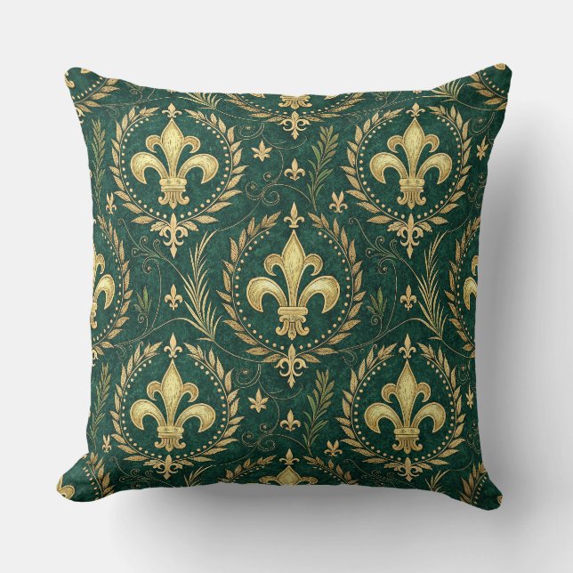 Almofada Esmeralda Verde e Dourado Padrão Real Damasko (Frente)
