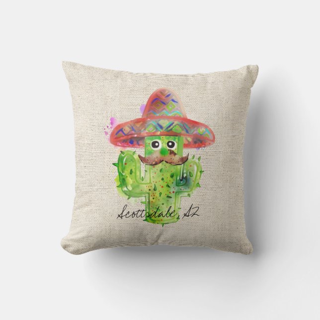 Almofada Espanhol Cactus Mustache Hat Fiesta Text Artisan (Frente)
