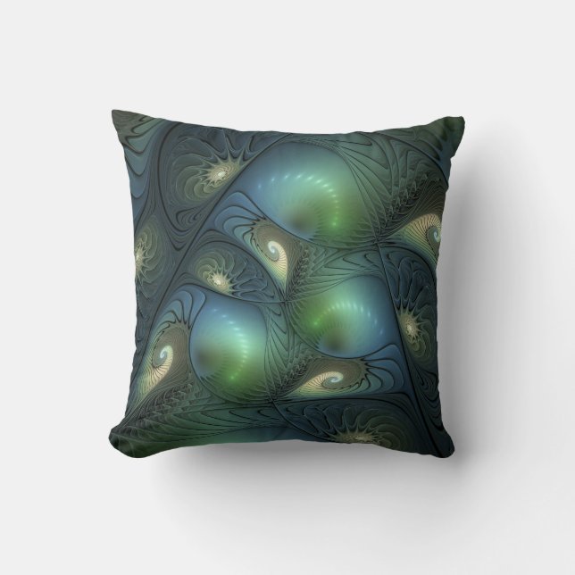 Almofada Espirais Teal Beige Verde Abstrato Fractal (Frente)