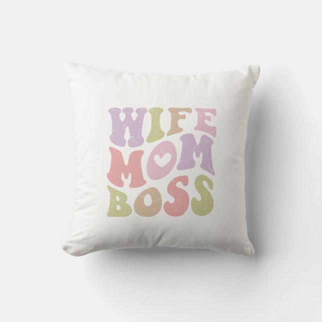 Almofada Esposa Mãe Chefe Script Retro Groovy Dia das Mães  (Frente)