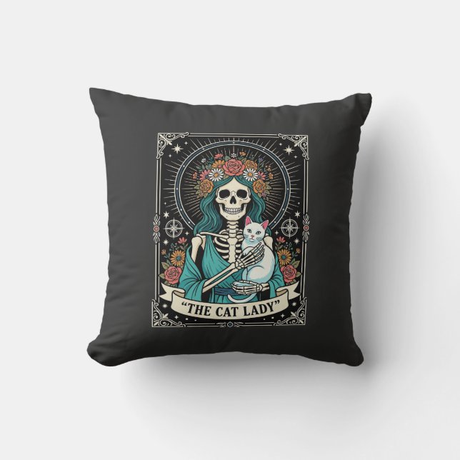 Almofada Esqueleto de Gata Tarot Floral Gótico (Frente)