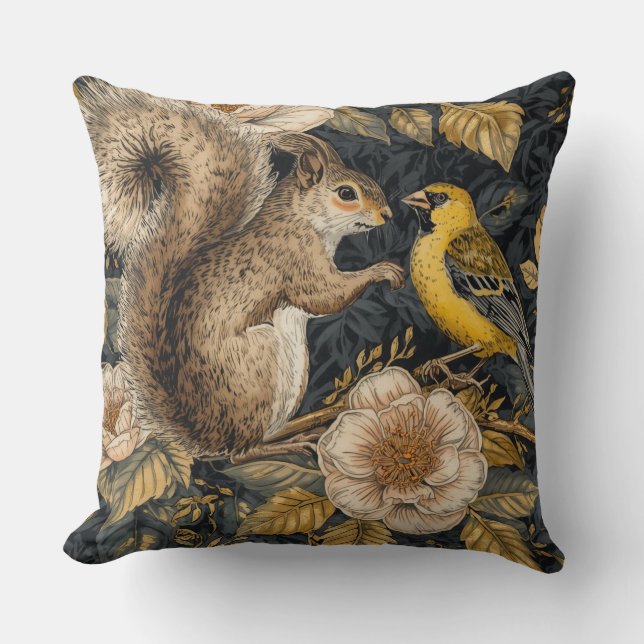 Almofada Esquilo e Canário Amarelo com Padrão de Flores (Frente)