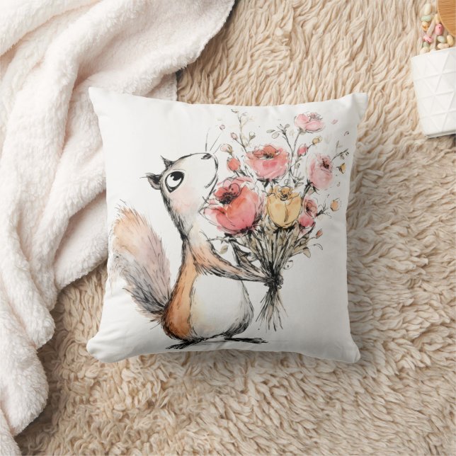 Almofada Esquilo Fofo com Buquê de Flores (Cobertor)