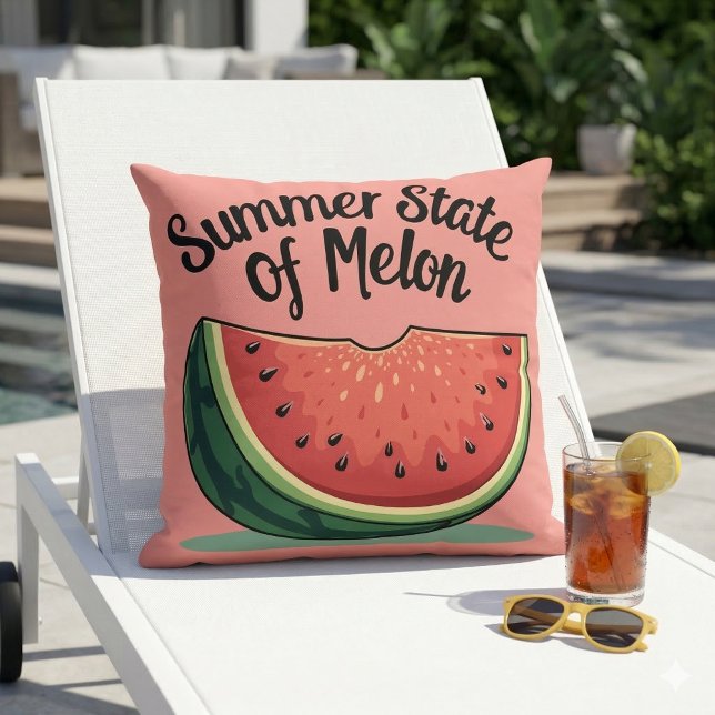 Almofada Estado de Verão da Arte Retrorística de Melon (Summer State of Melon Retro Fruit Art Throw Pillow In Poolside Chair)
