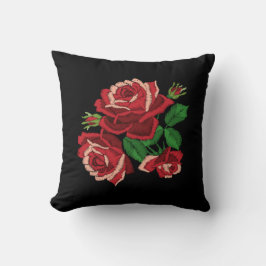 Almofada Estampa de Bordado Rosa Vermelha Folhas Verdes Flo