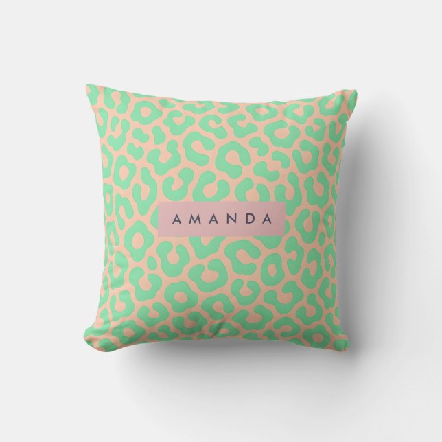 Almofada Estampa de leopardo personalizada em verde menta e (Frente)